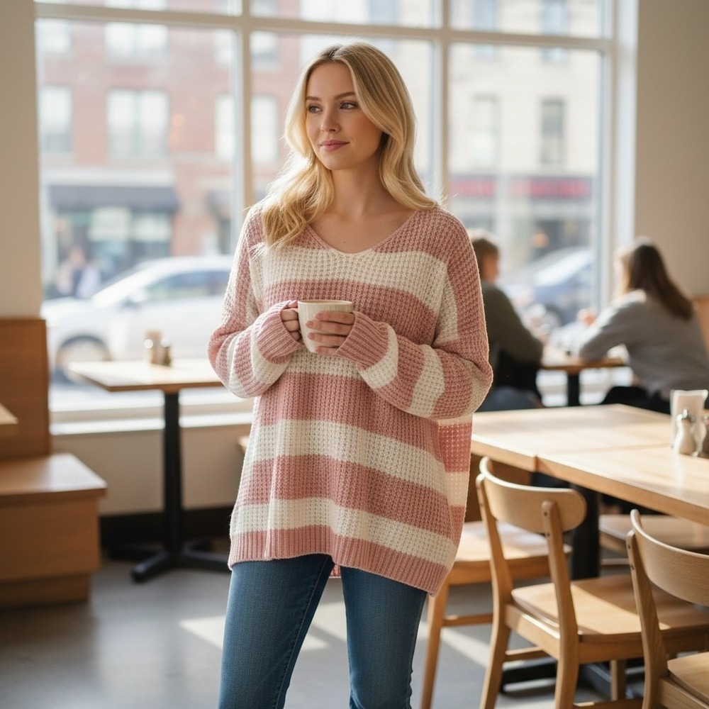 Pink Lily Pink & White Striped Knit Sweater oversized, textured knit pullover M